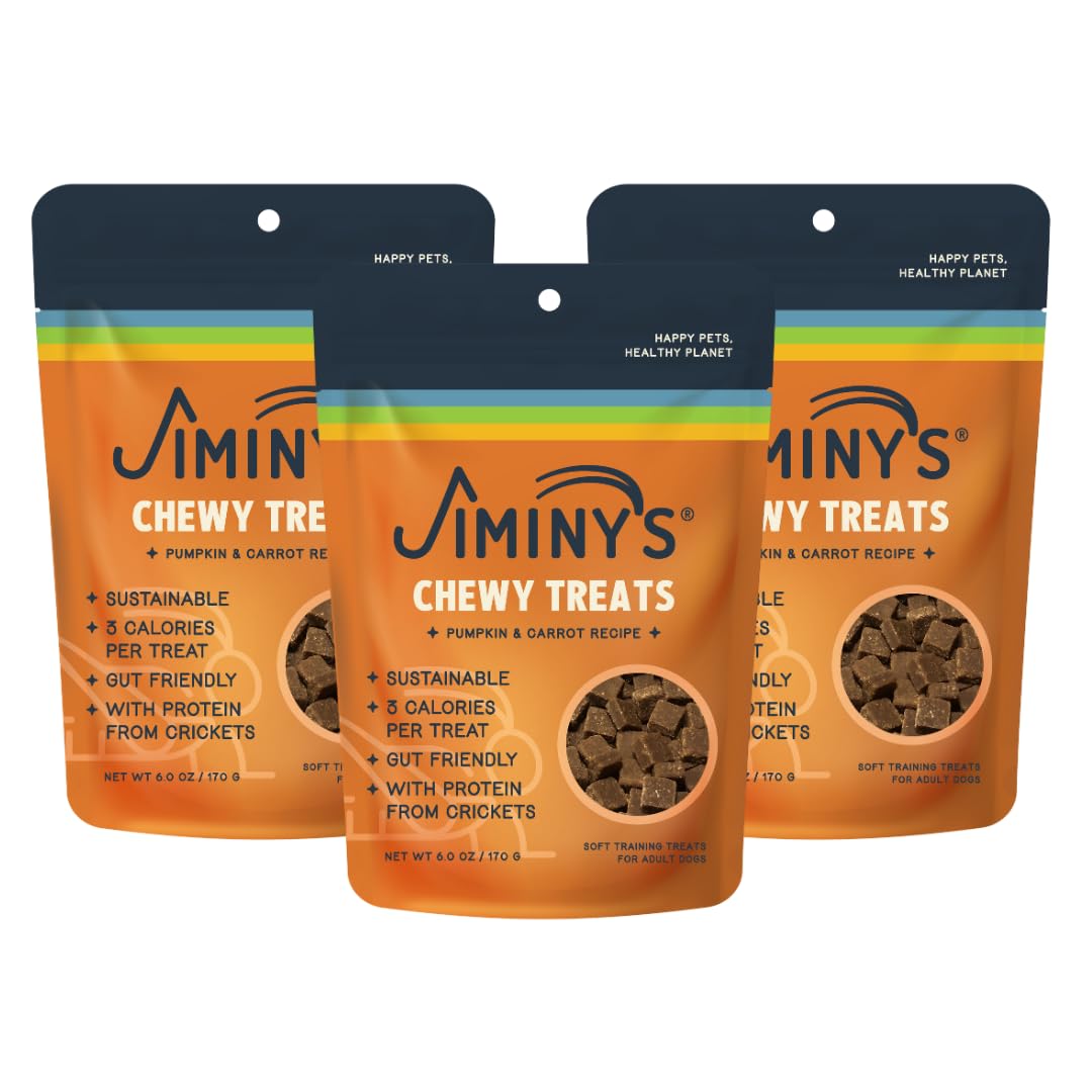 Jiminy's cricket training treats pumpkin and carrot pack-3 bag — convenient, low-calorie rewards for training.