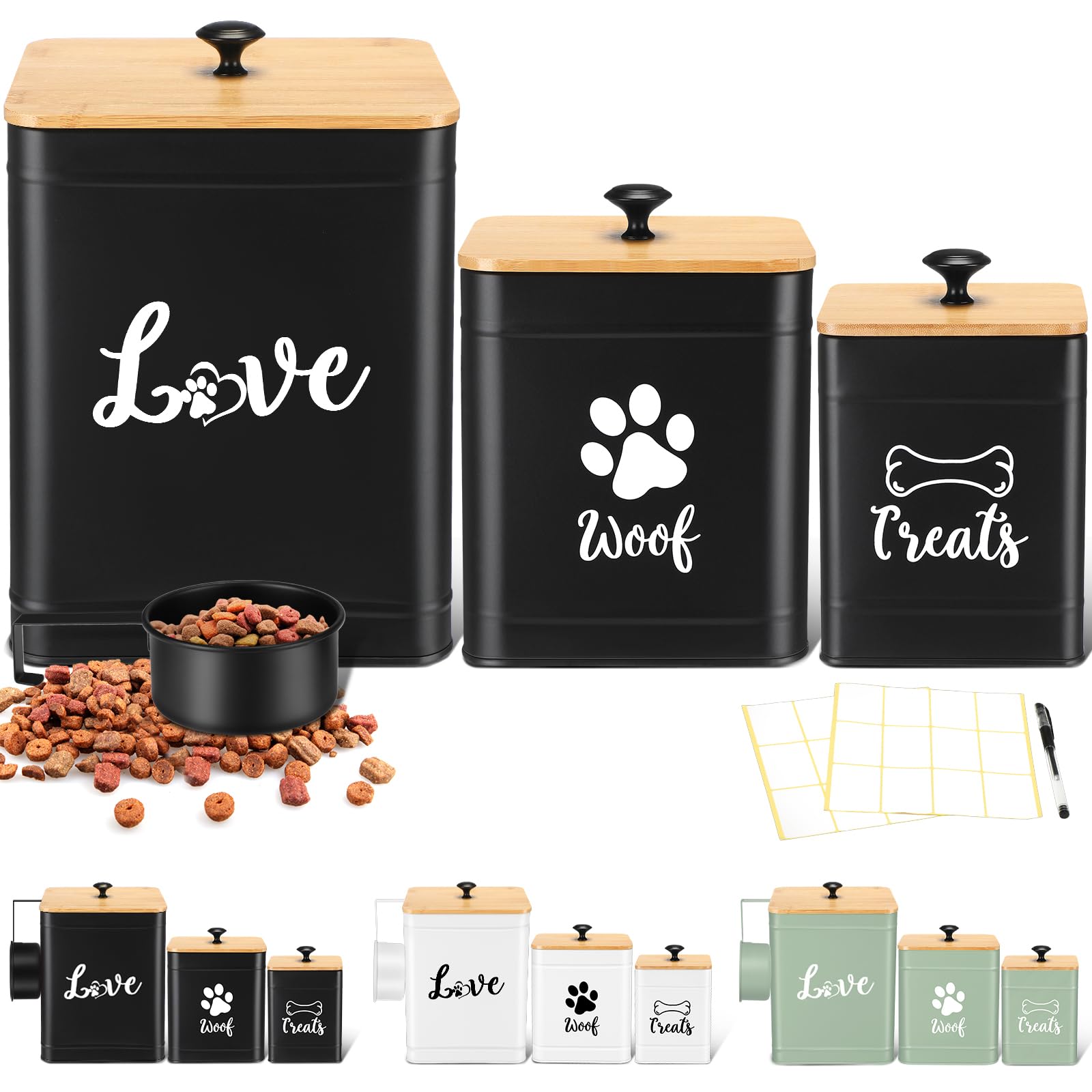 Jingmore metal dog treat containers with bamboo lids on counter for easy access