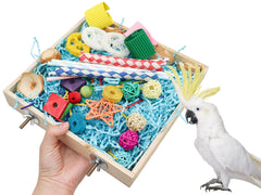 Jinkoozz Bird Foraging Toys Box inside-cage setup encourages treat-foraging playtime for small birds.