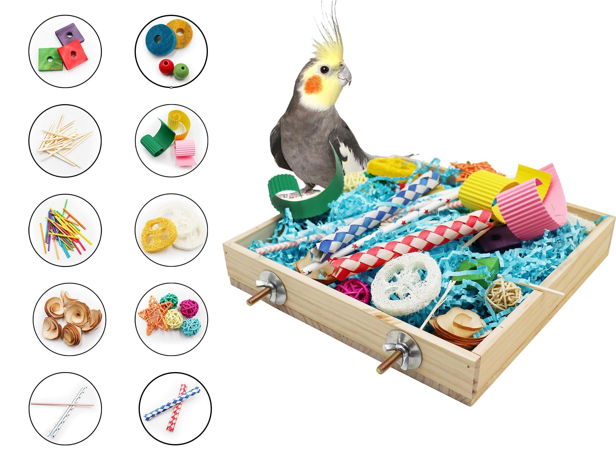 Jinkoozz Bird Foraging Toys Box easy-install with butterfly nuts and washers for cage setup.