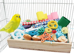 Jinkoozz Bird Foraging Toys Box treat-foraging use demonstrates hidden treasure play in cages.