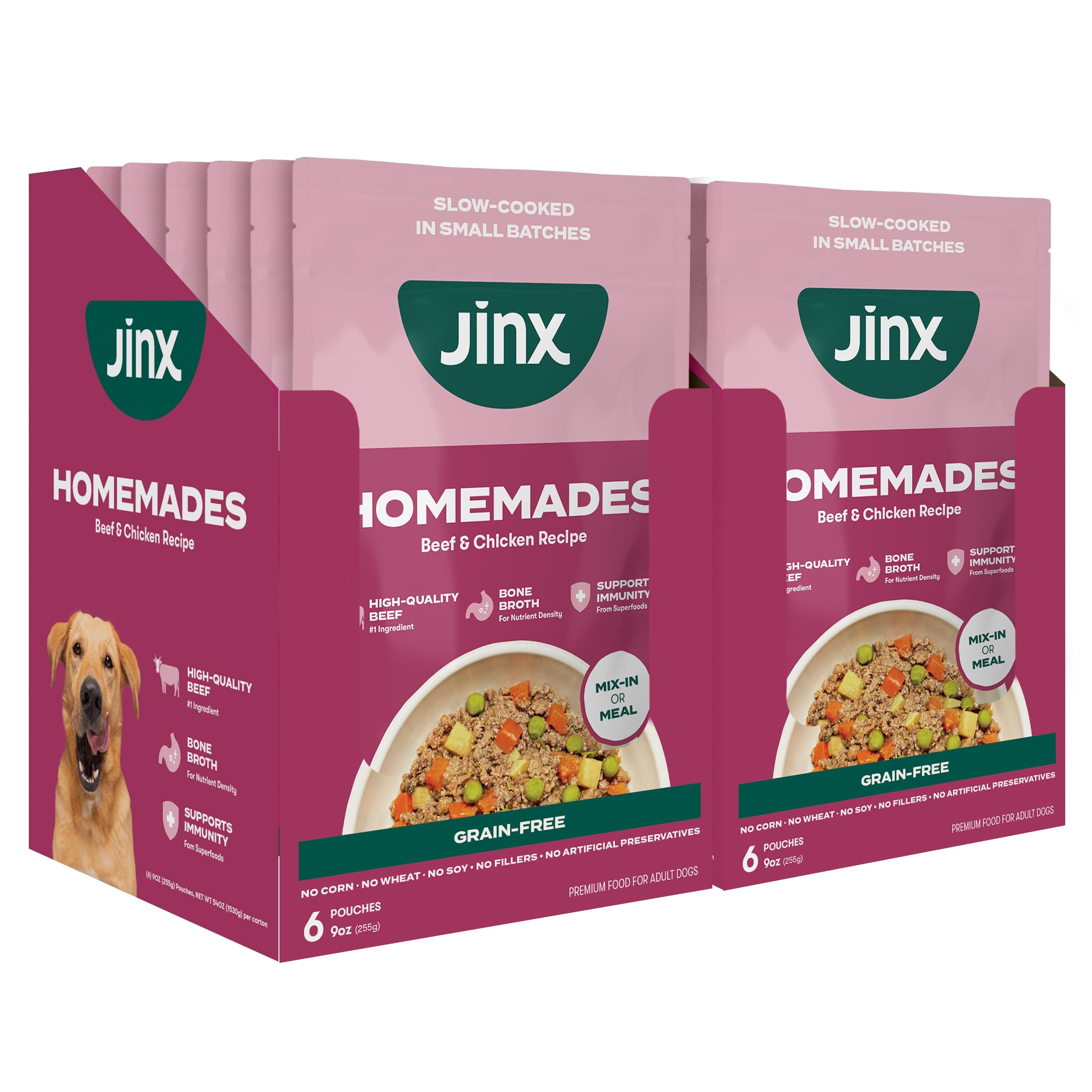 Jinx Beef Wet Dog Food Topper pours into bowl for savory nutrition boost