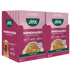 Jinx Beef Wet Dog Food Topper pours into bowl for savory nutrition boost
