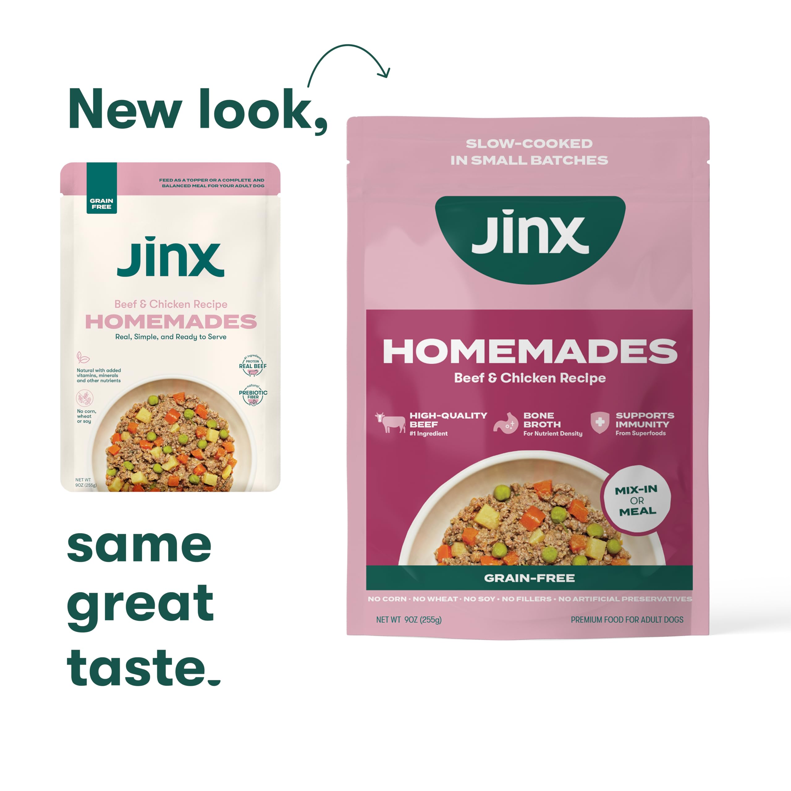 Jinx Meal Time Visual shows a puppy enjoying beef-chicken combo