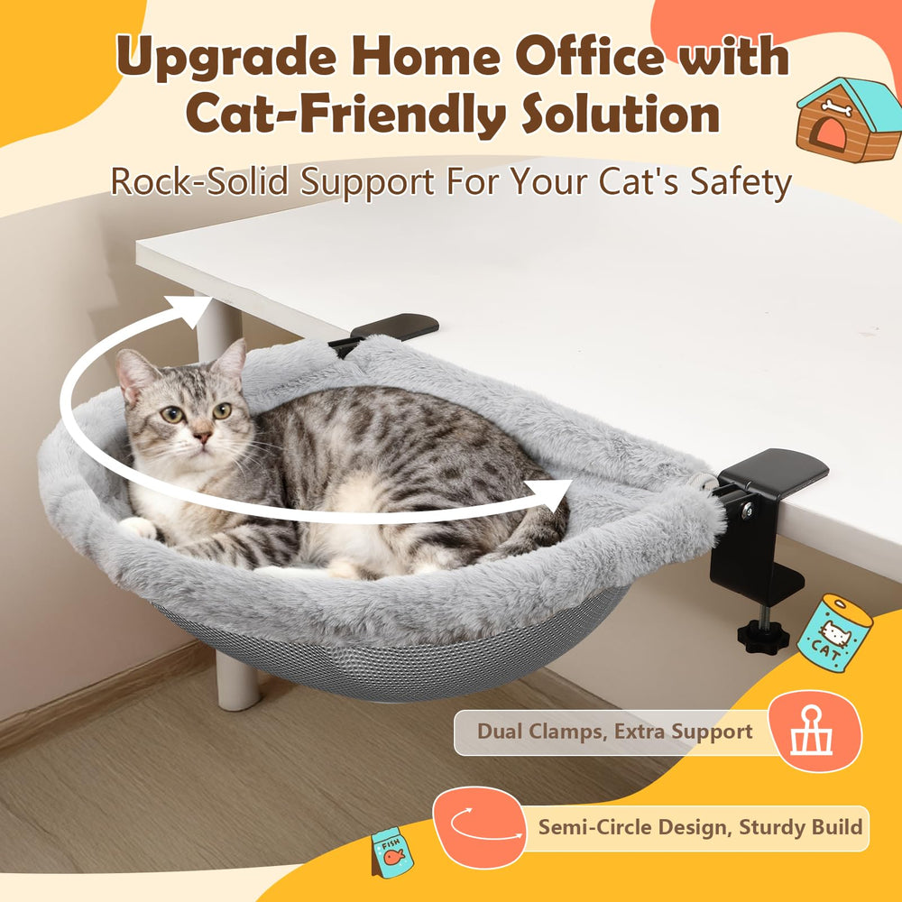 JinxZap X-Large Cat Desk Bed dual clamps secure the mount during active feline moments.