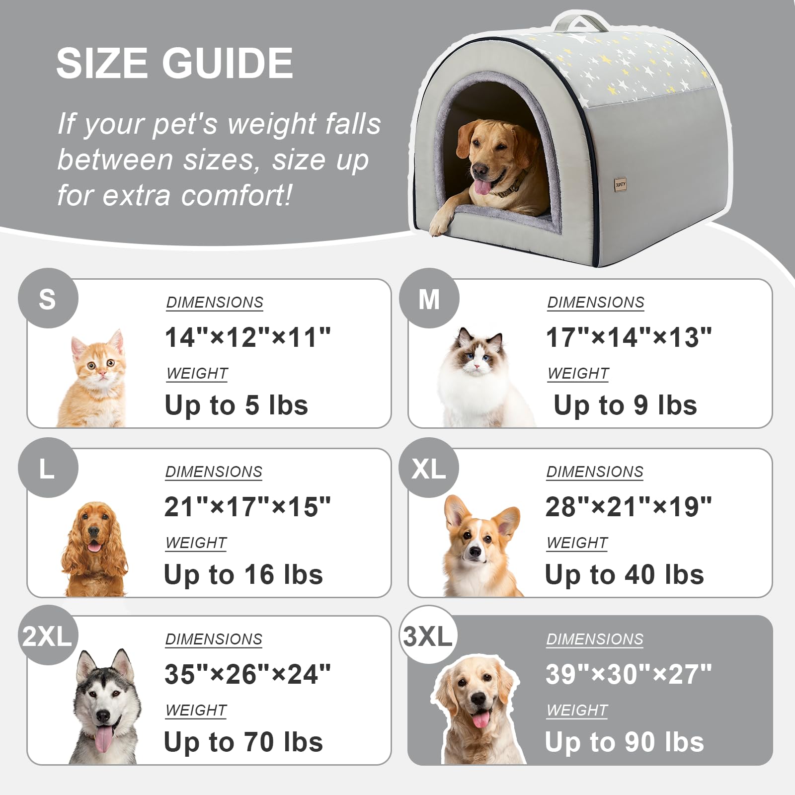 Jiupety 3XL size tag shows suitability for large dogs.