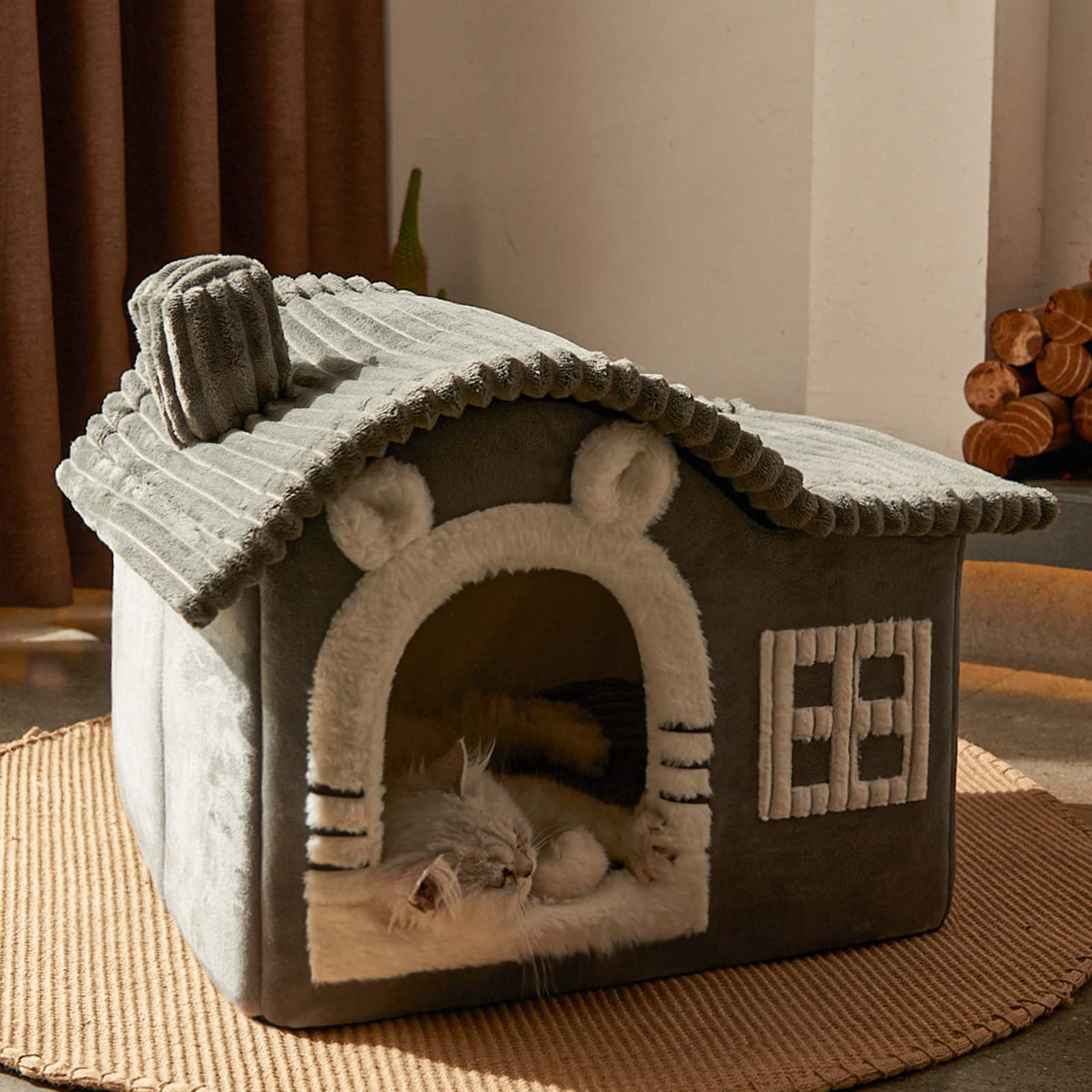 Jiupety Bear Cat House features chimney and window for playful observation.