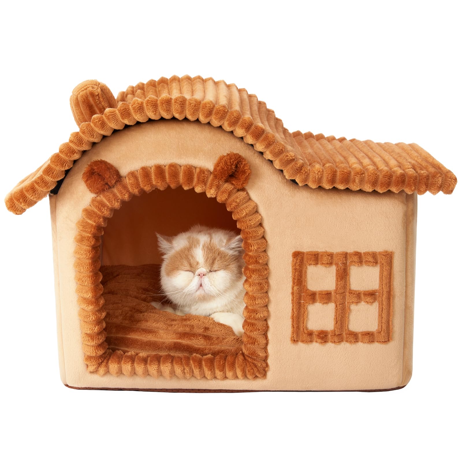 Jiupety Bear Cat House front view showing a cozy brown hideaway for naps