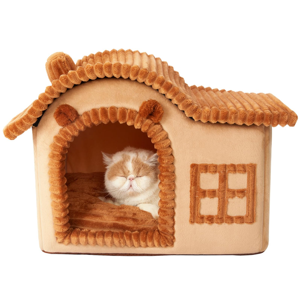 Jiupety Bear Cat House front view showing a cozy brown hideaway for naps
