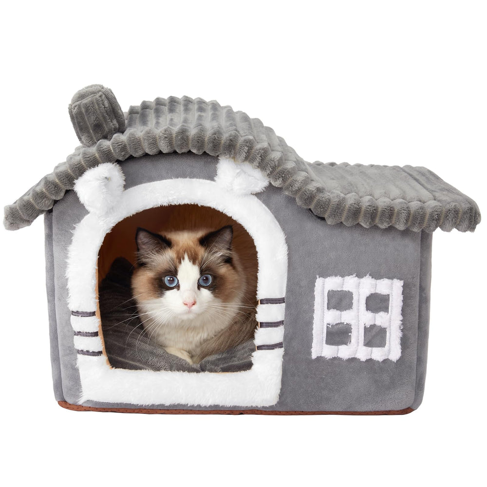 Jiupety Bear Cat House small size with door; cozy hideaway for 3-7 lb kittens.
