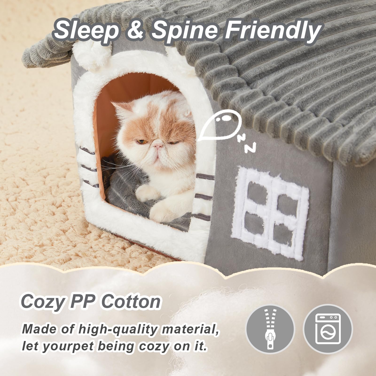 Jiupety Bear Cat Houses built-in cotton pad adds soft comfort for resting.