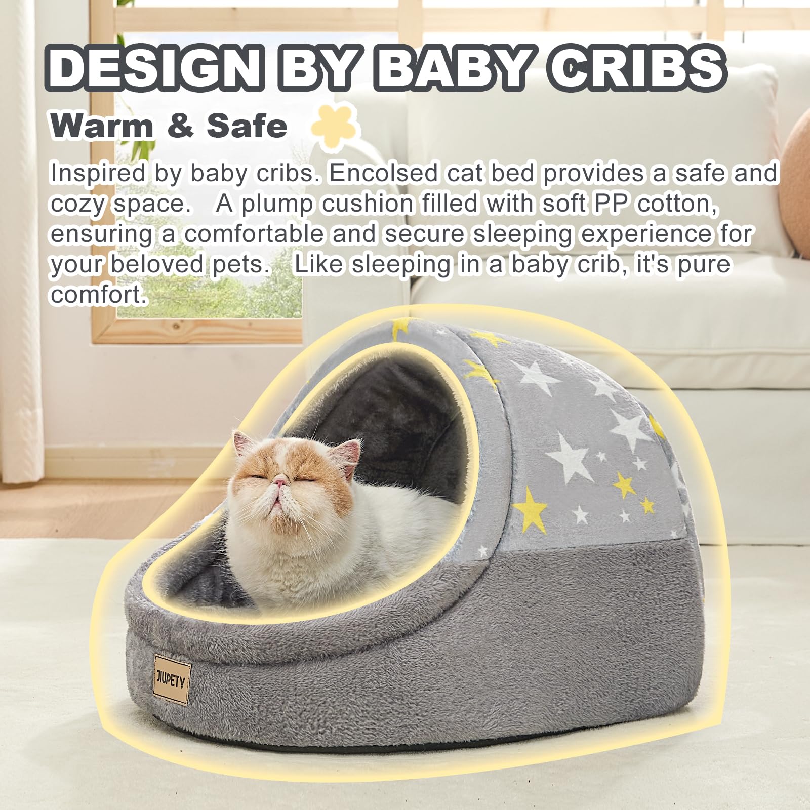 Jiupety cat bed cave interior shows snug hideaway for calm naps.