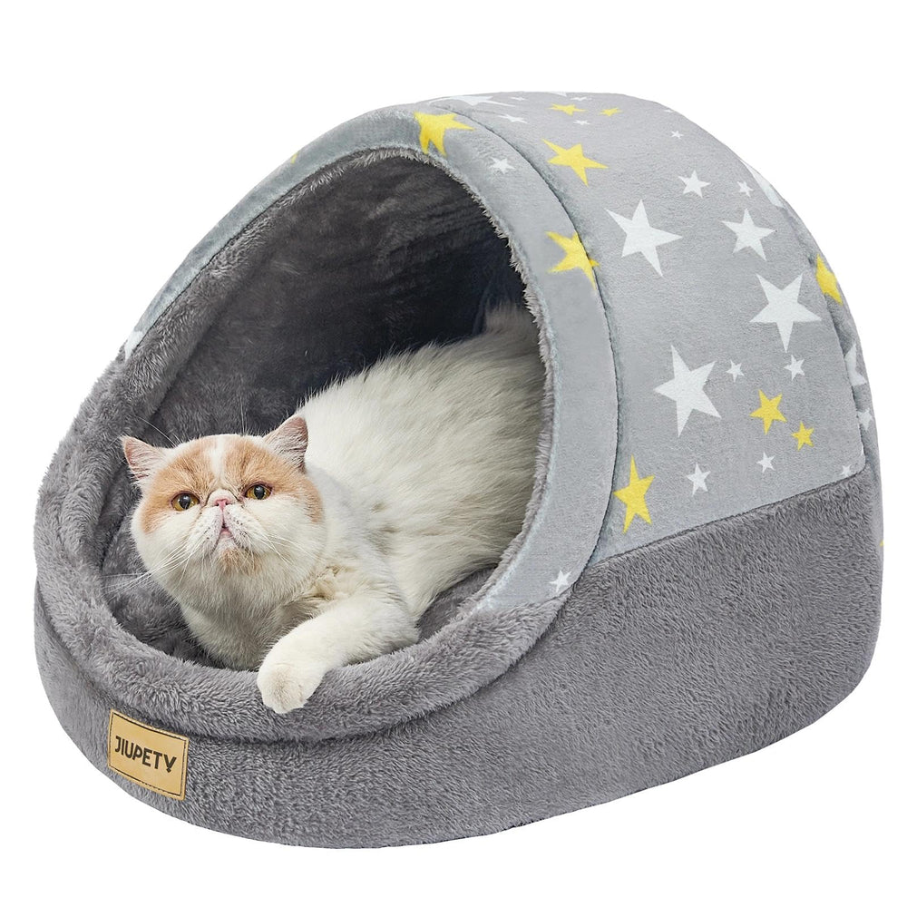 Jiupety cat bed overview in gray star design for cozy indoor use.