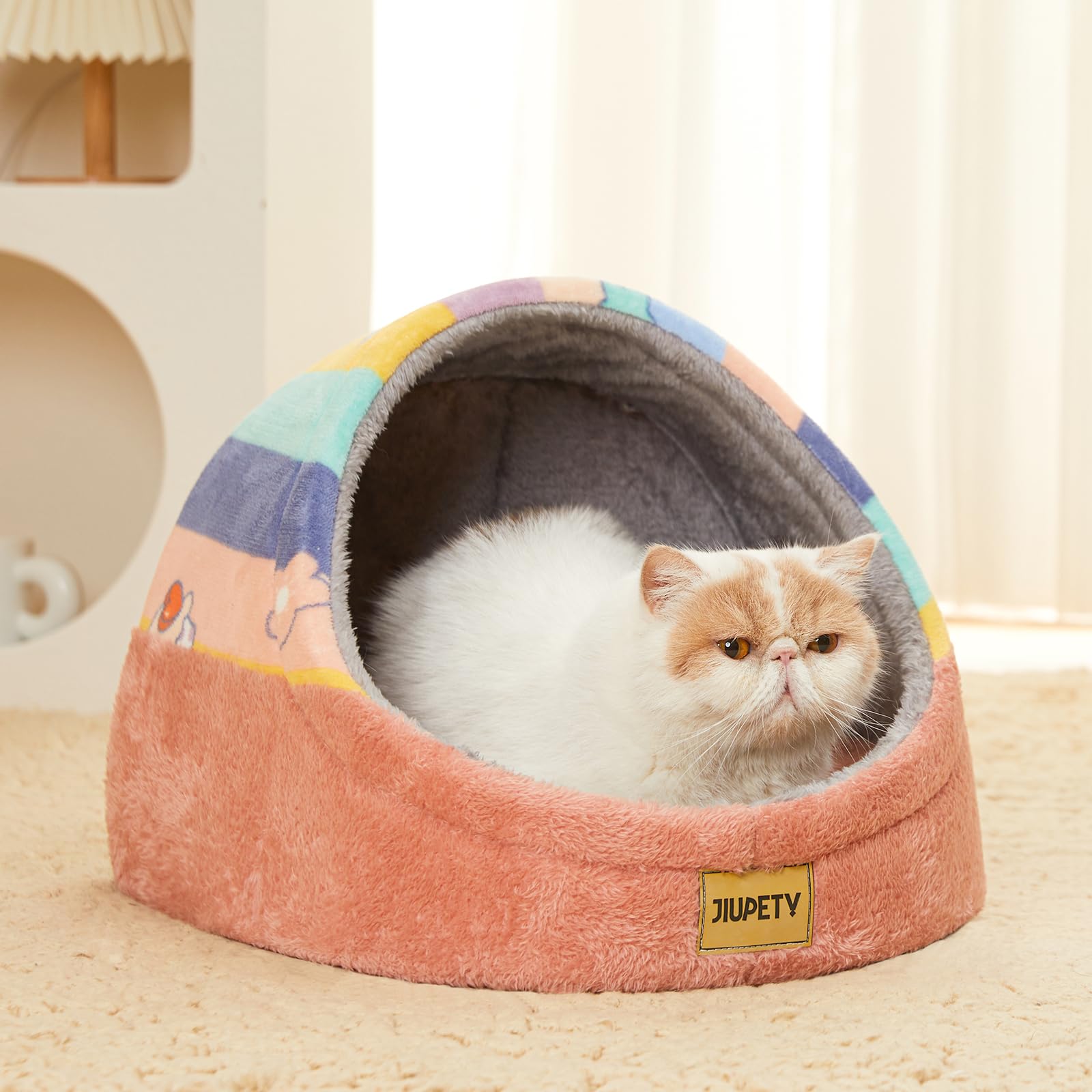 Jiupety cat bed size L 19x17x16 fits larger kittens and small dogs.