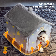 Jiupety dog house cover cave entrance highlights secure doorway reducing drafts.