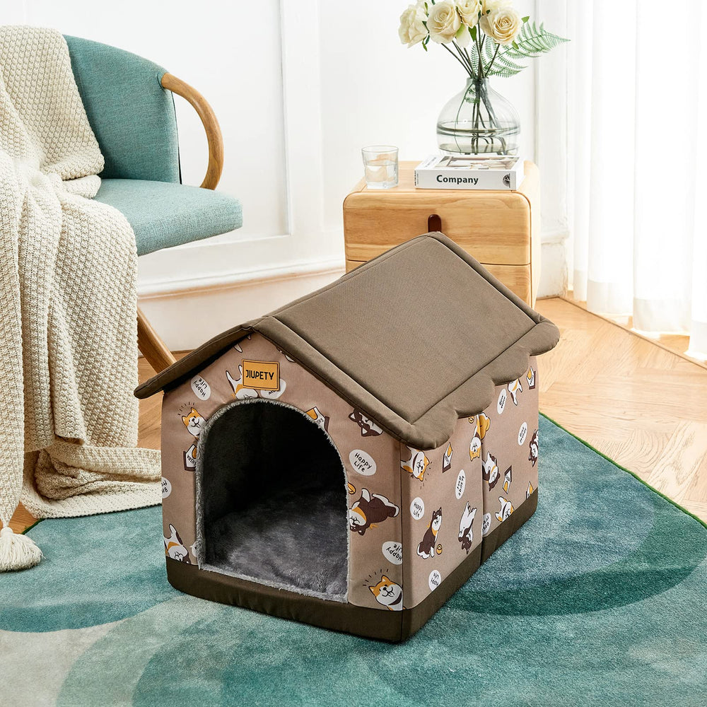 Jiupety dog house size view fits pets under 26 pounds for versatile placement.