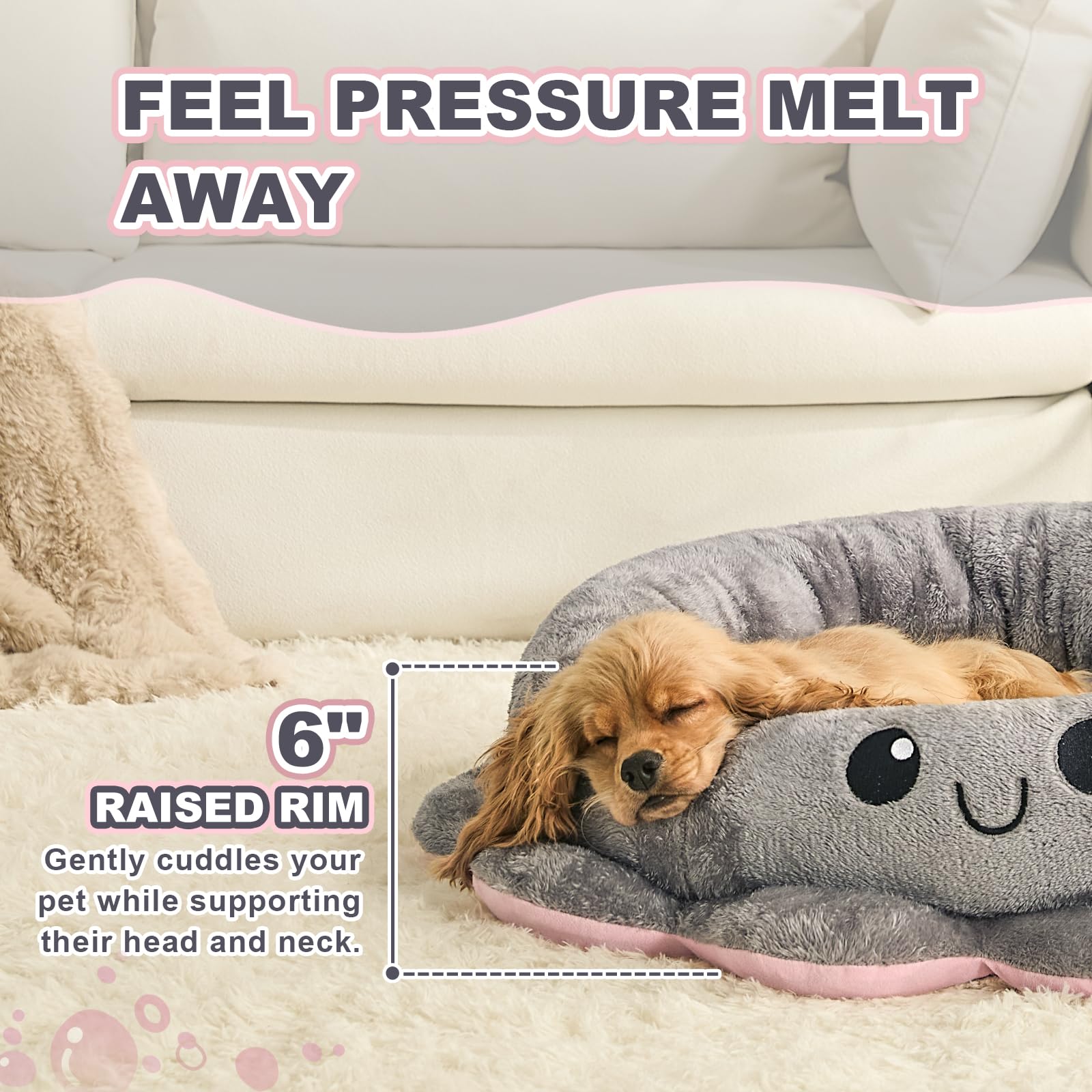Jiupety octopus dog bed grey side view highlights roomy, cozy interior for naps