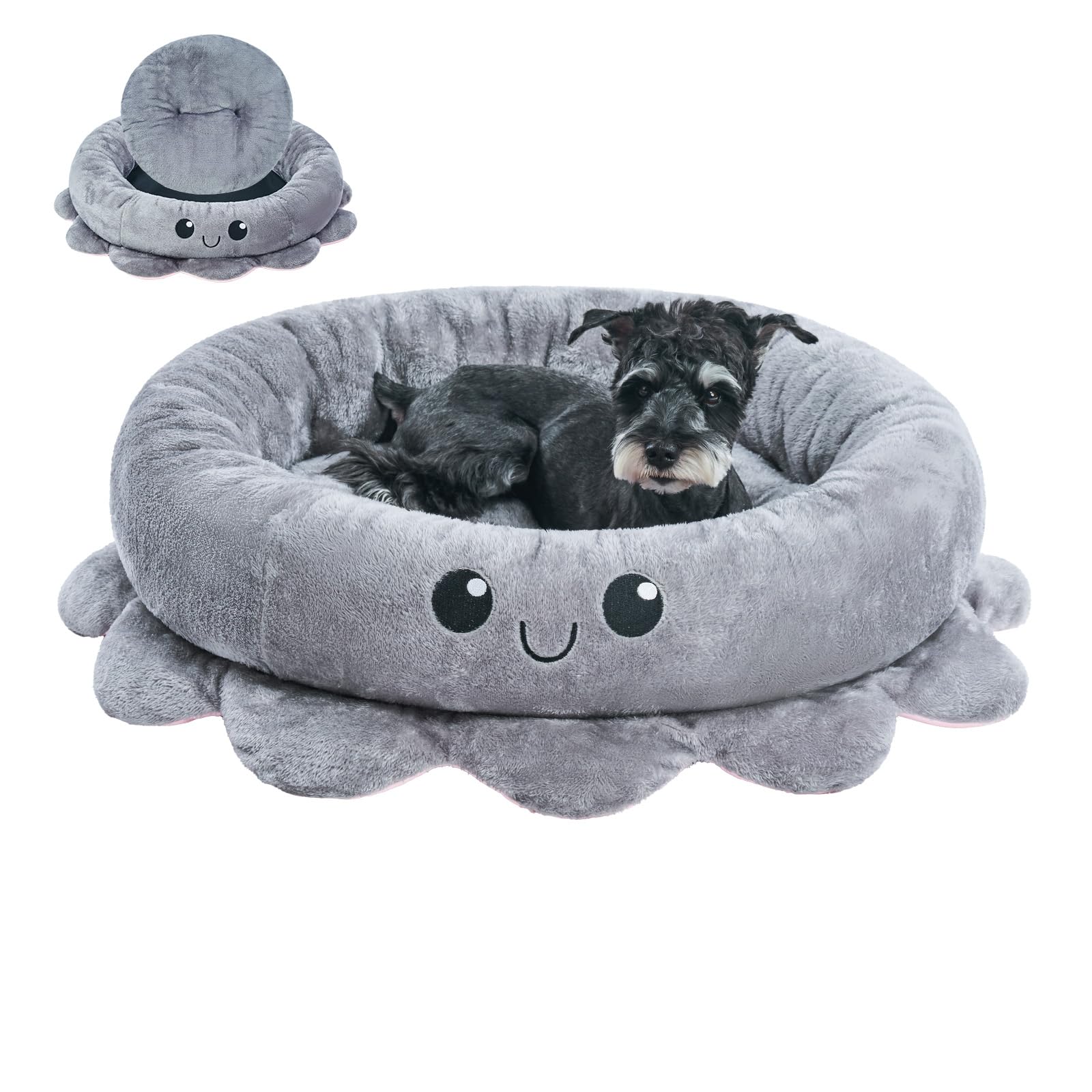 Jiupety octopus dog bed grey top view shows plush, supportive lounging area