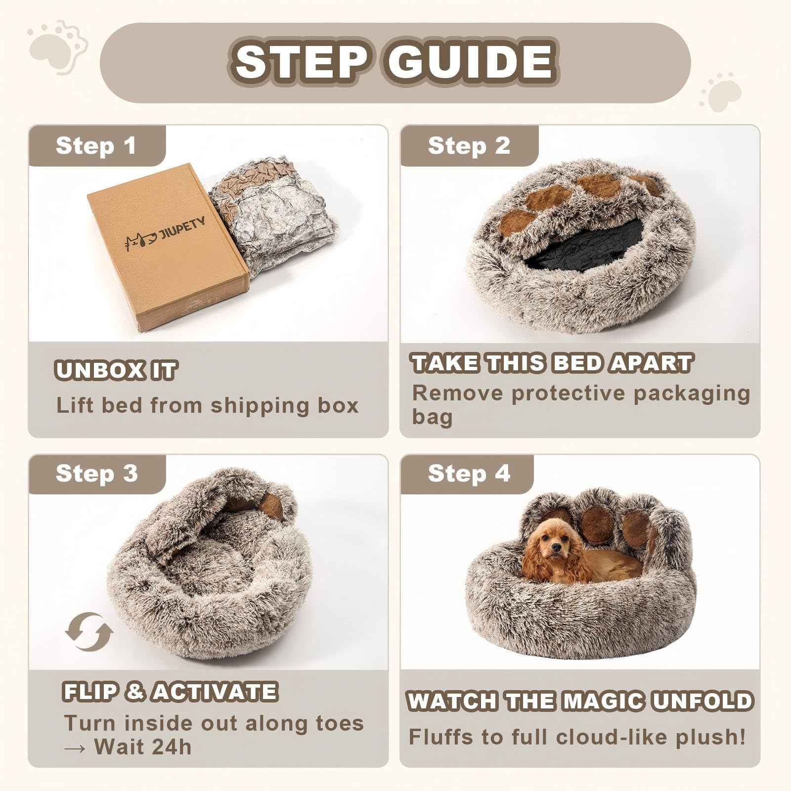 Jiupety Paw Shape Calming Pet Bed recovers fluffy shape within 24–48 hours.