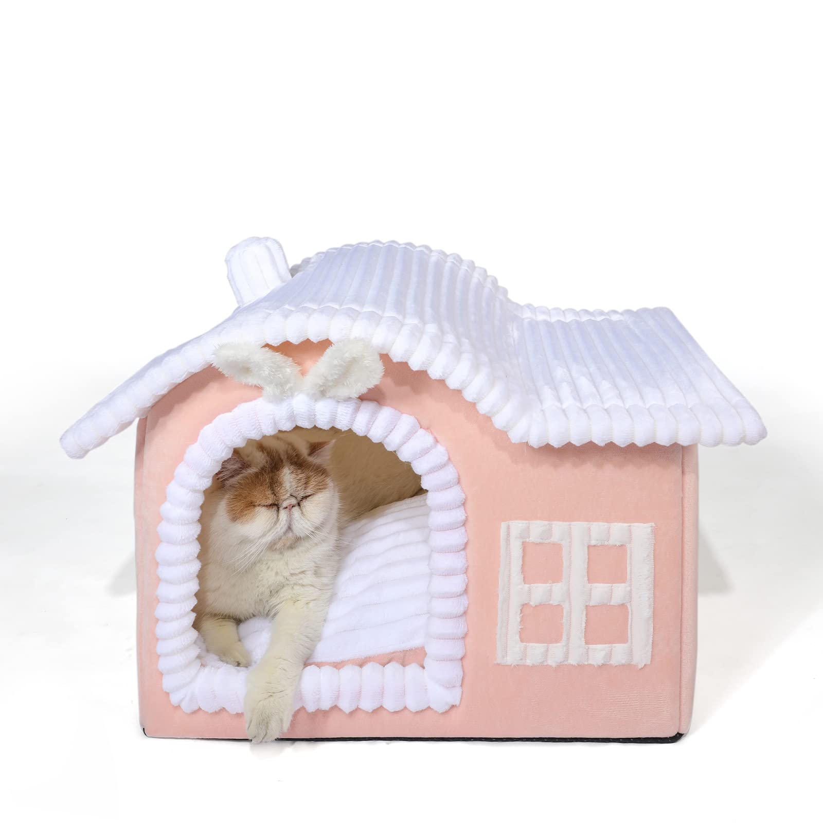 Jiupety Rabbit Cat House pink front view offers cozy den for indoor cats