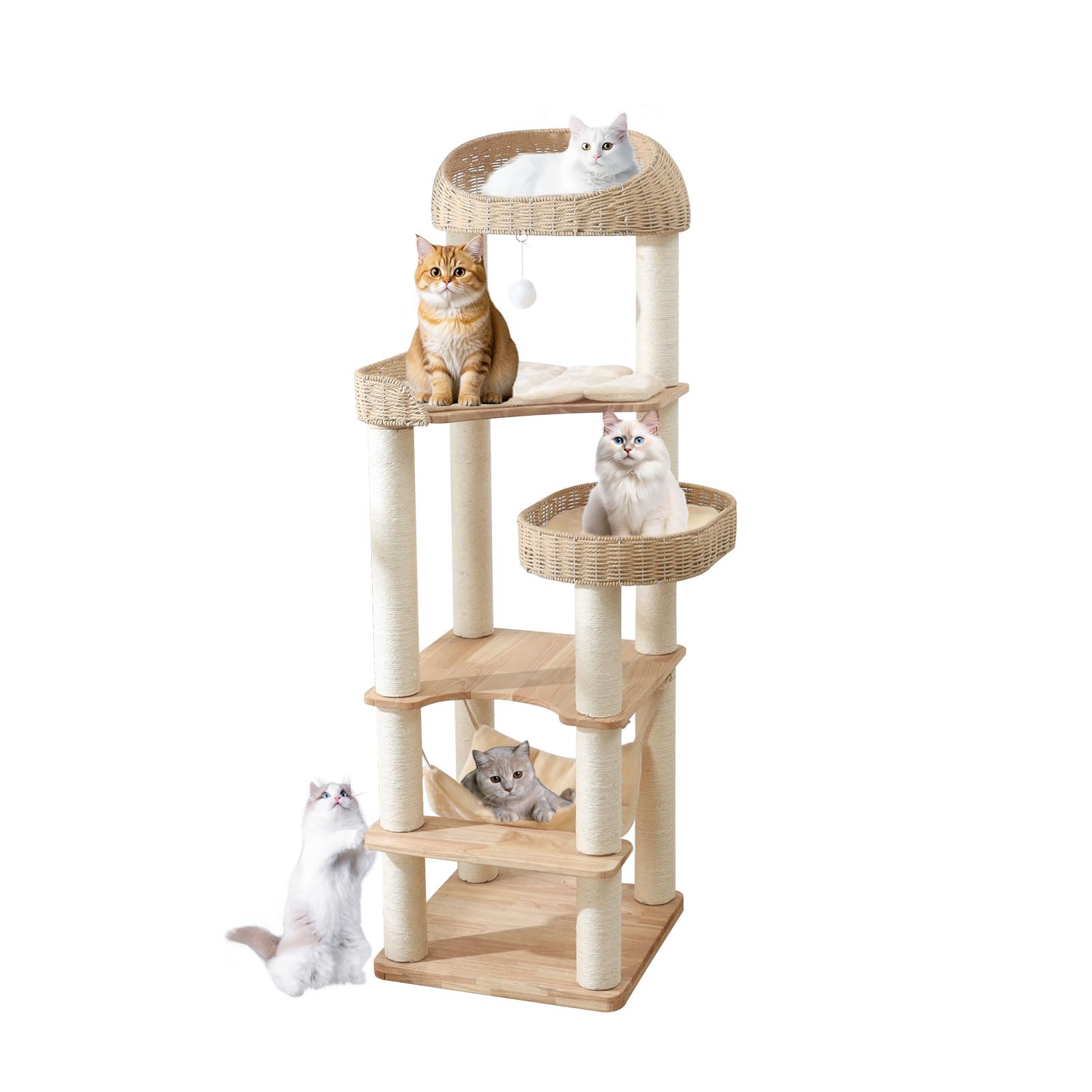 JLDUQKUM wooden cat-tree base highlights solid wood stability for active multi-cat play
