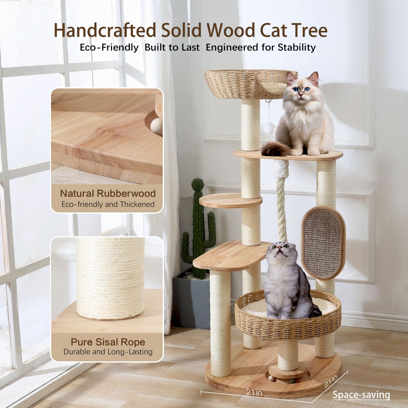 JLDUQKUM wooden cat tree sturdy base supports multiple large cats.
