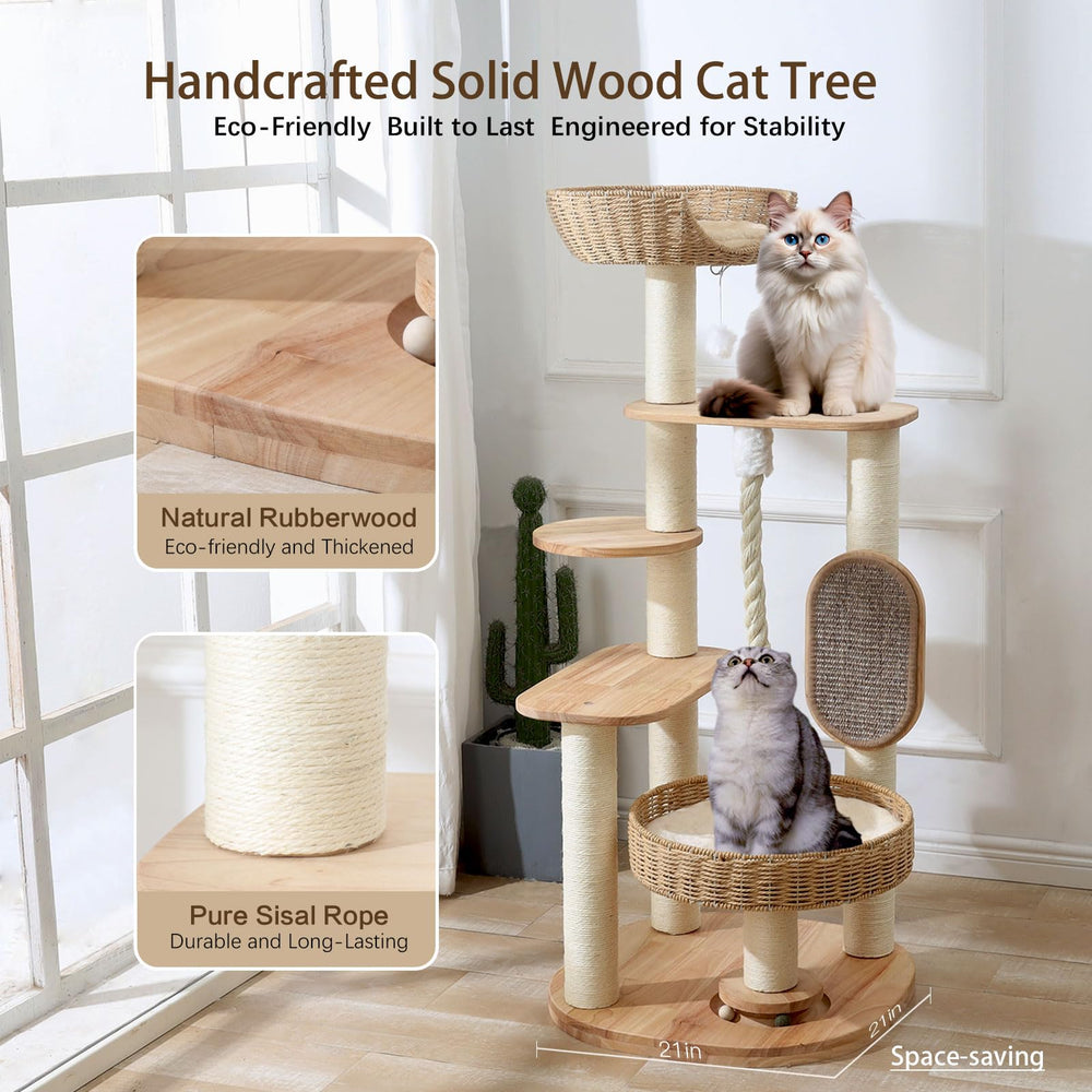 JLDUQKUM wooden cat tree sturdy base supports multiple large cats.