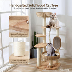 JLDUQKUM wooden cat tree sturdy base supports multiple large cats.