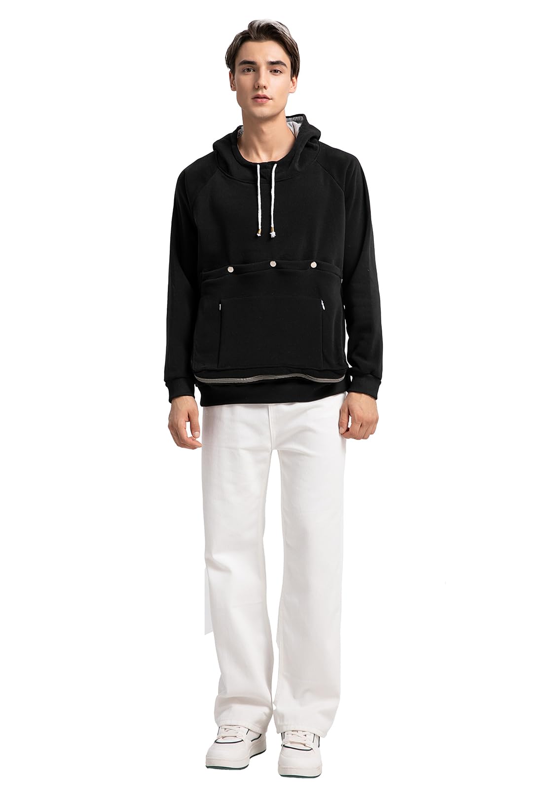JMOREDEEP cat pouch hoodie front view with roomy pocket for secure pet cuddling.