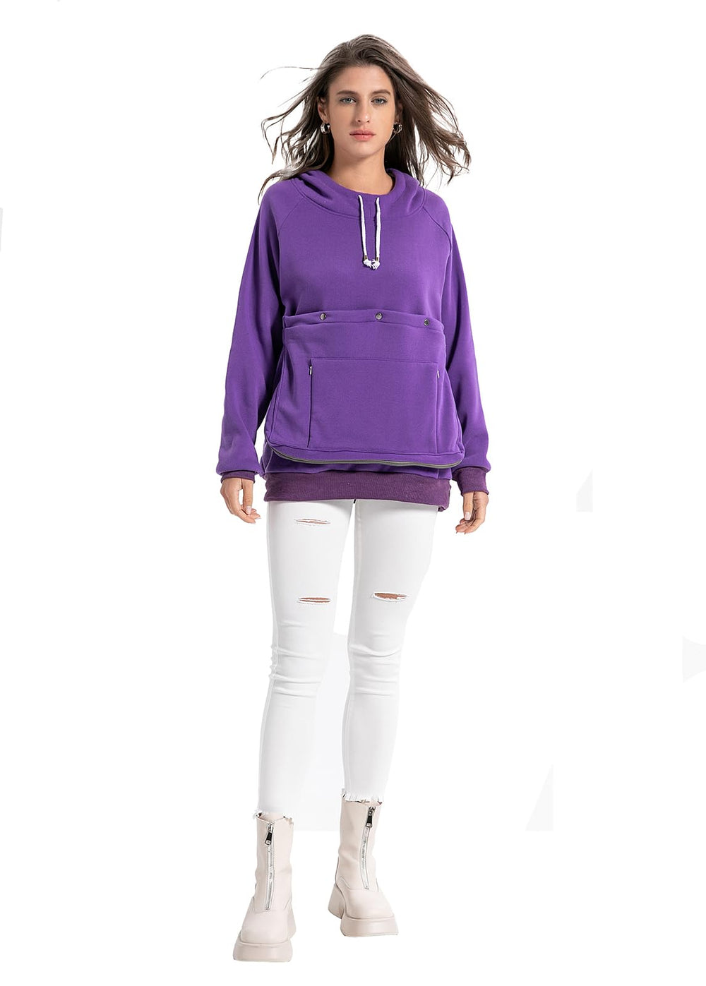 JMOREDEEP cat pouch hoodie front view with spacious secure pet pocket.