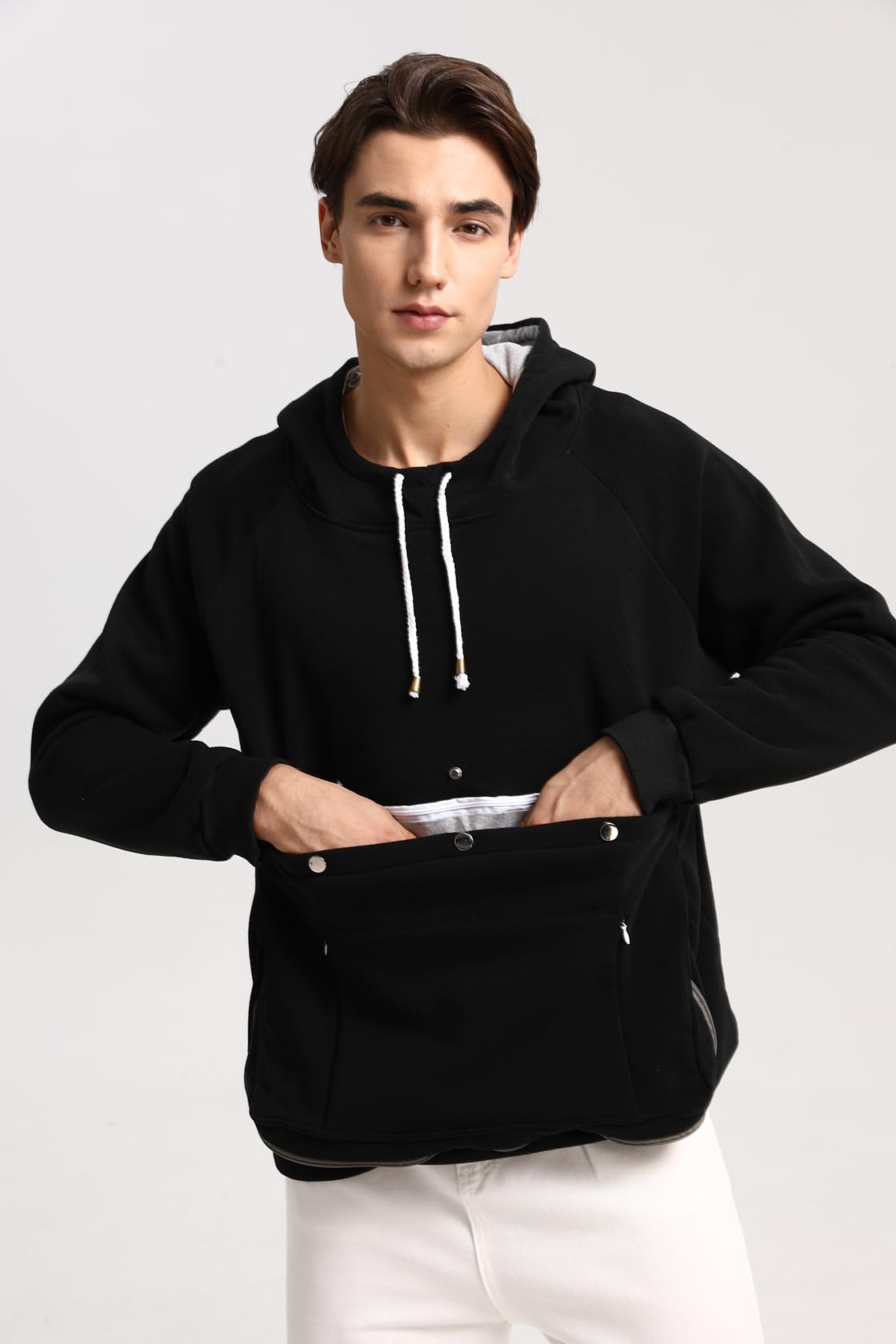 JMOREDEEP cat pouch hoodie side pocket demonstrates hands-free practicality.