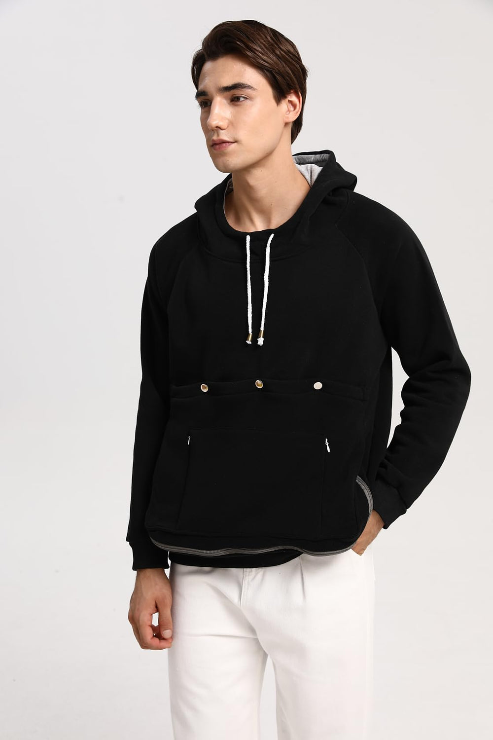 JMOREDEEP cat pouch hoodie wear-pet closeup shows secure carrying.