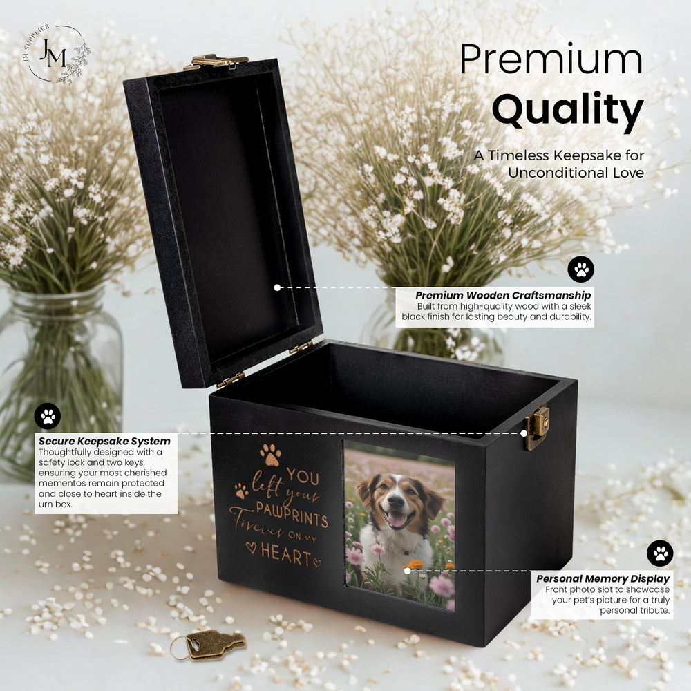 JMSupplier pet urn black wood finish complements home décor gracefully.