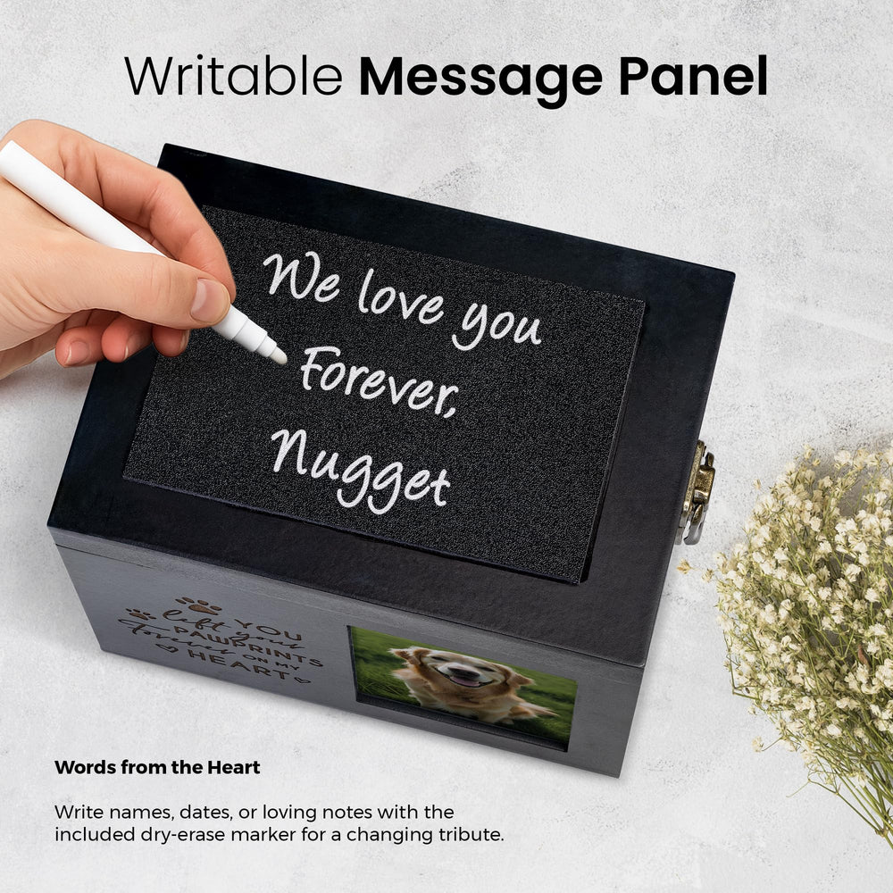JMSupplier pet urn top writable panel enables personal messages for your pet.