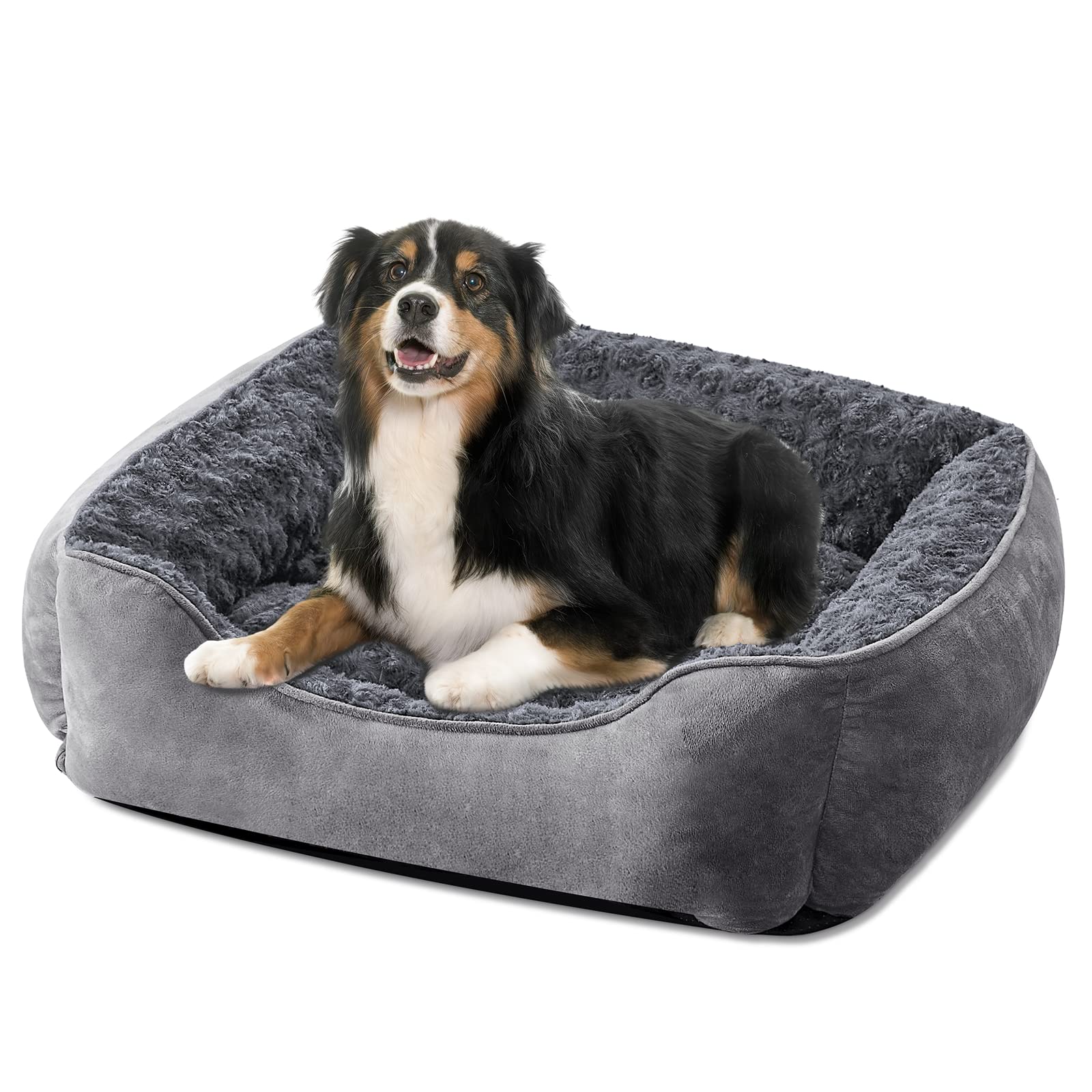 JOEJOY Rectangle dog bed front view shows plush rose fur for cozy naps.