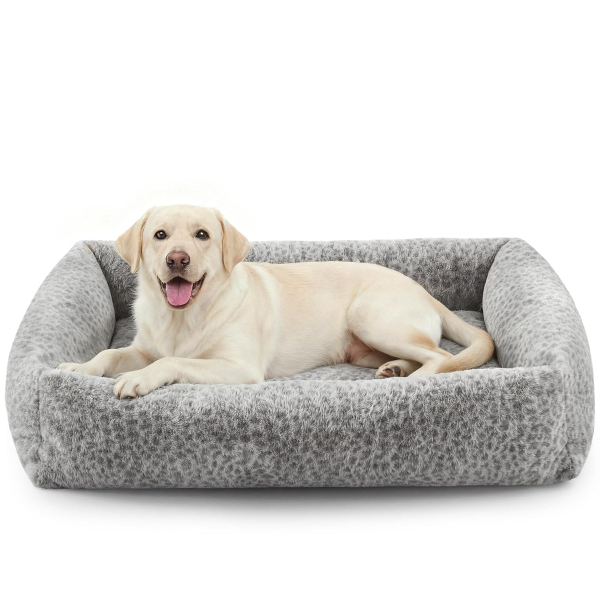 JOEJOY XL dog bed full view shows plush comfort and leopard print design.
