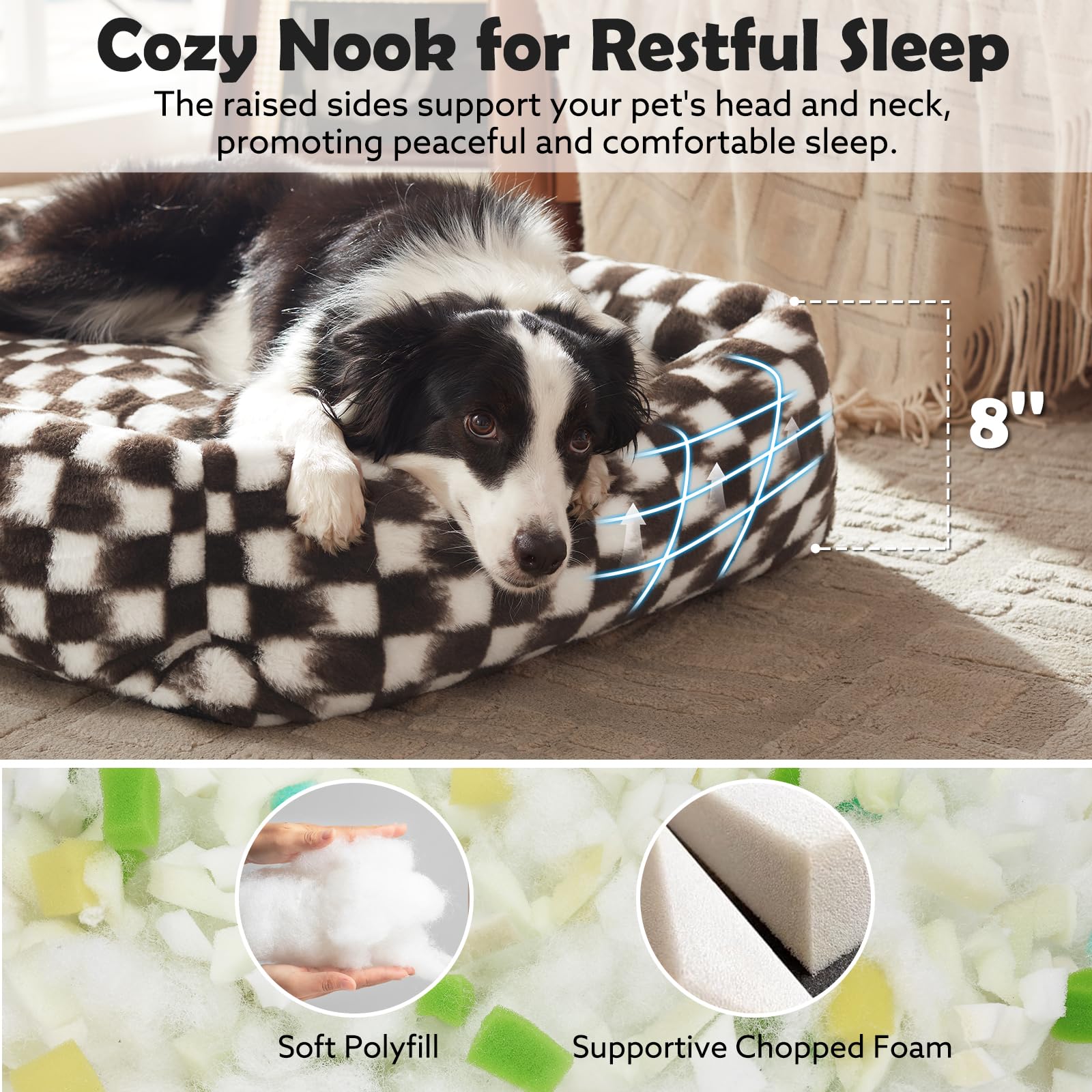 JOEJOY dog bed raised sides nook supports neck and head for restful sleep.
