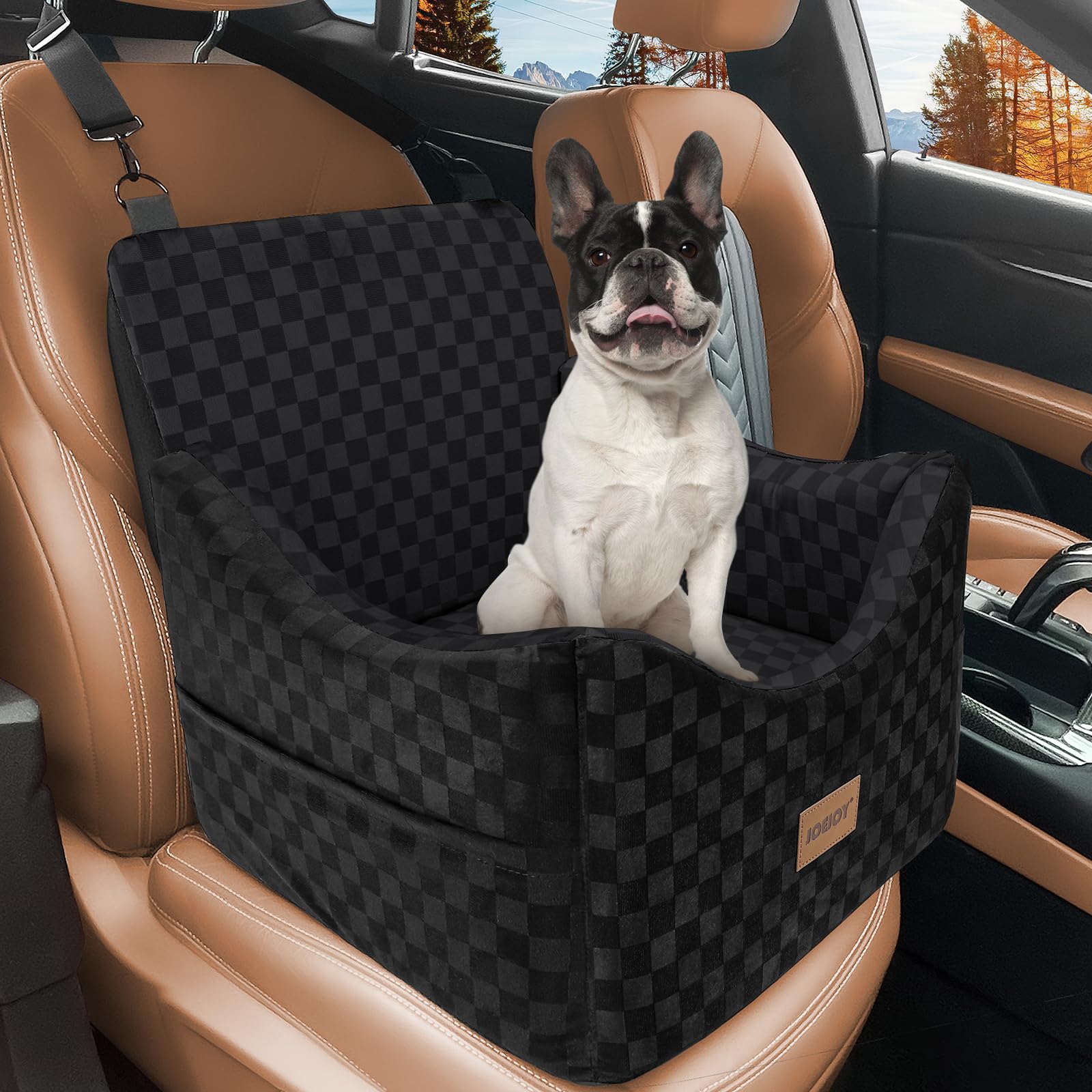 JOEJOY dog car seat side view shows adjustable safety belts for secure travel.