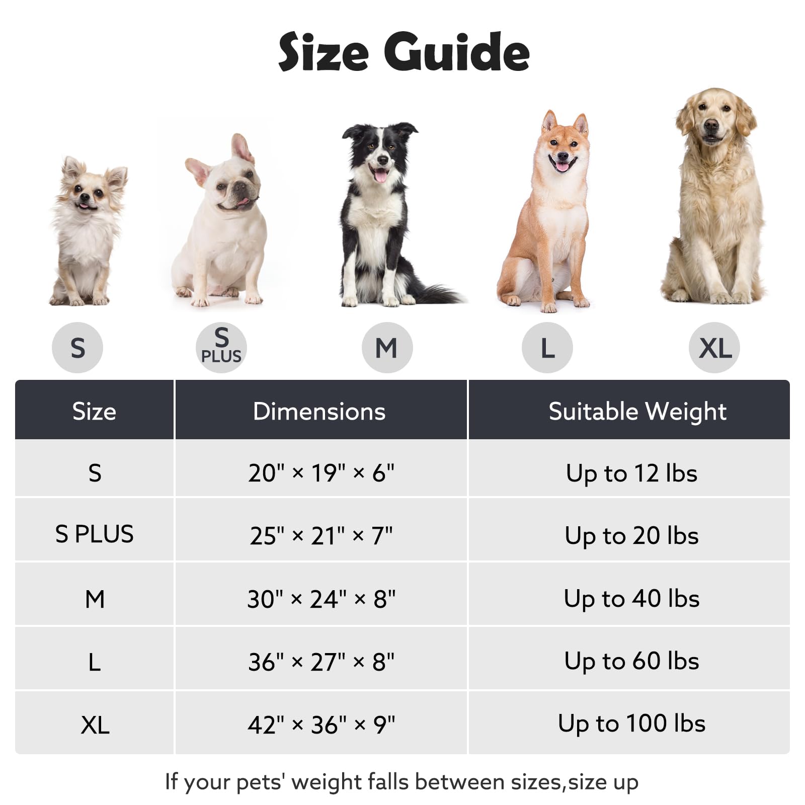 JOEJOY large-dog-bed-sizes-chart image guides fit from S to XL.
