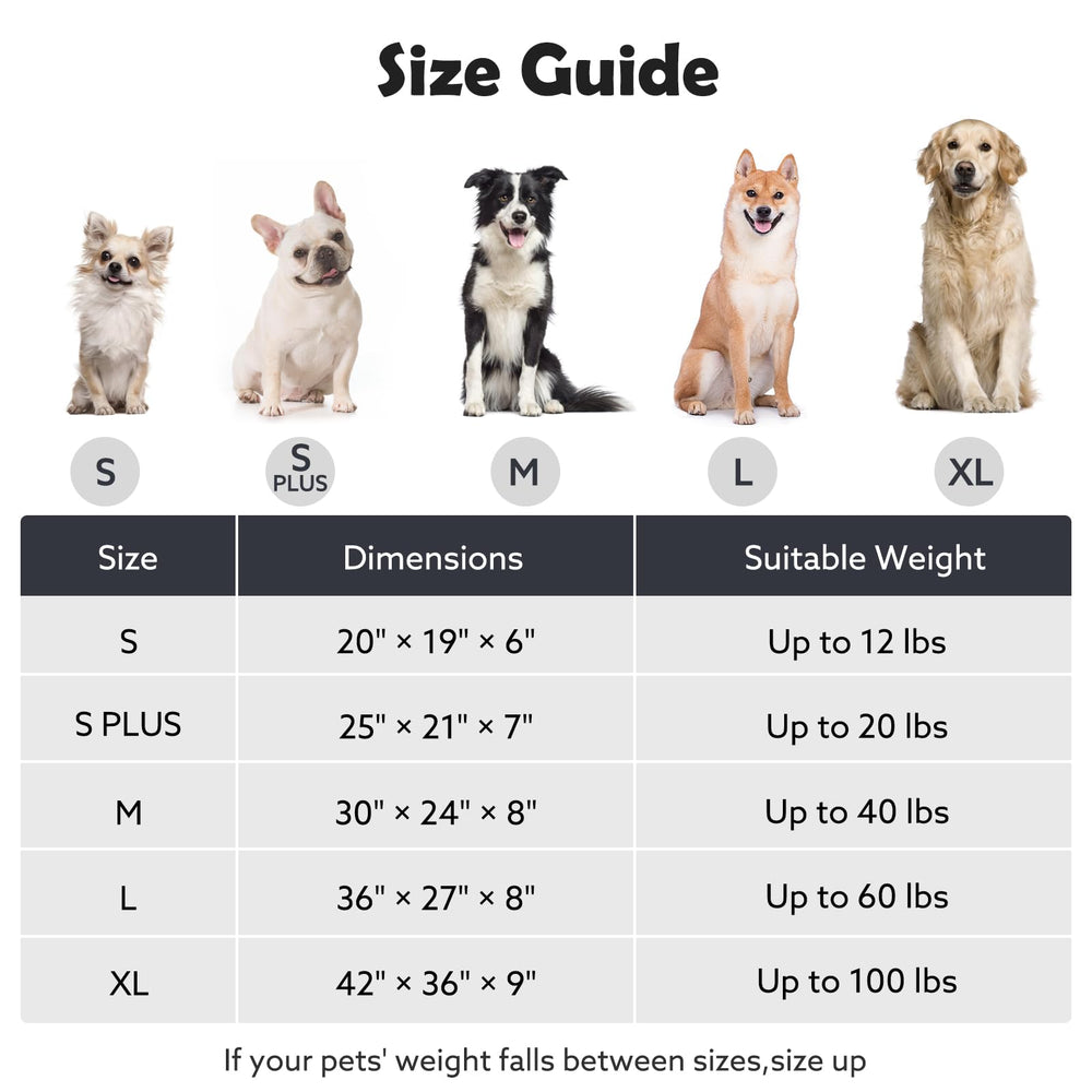 JOEJOY large-dog-bed-sizes-chart image guides fit from S to XL.