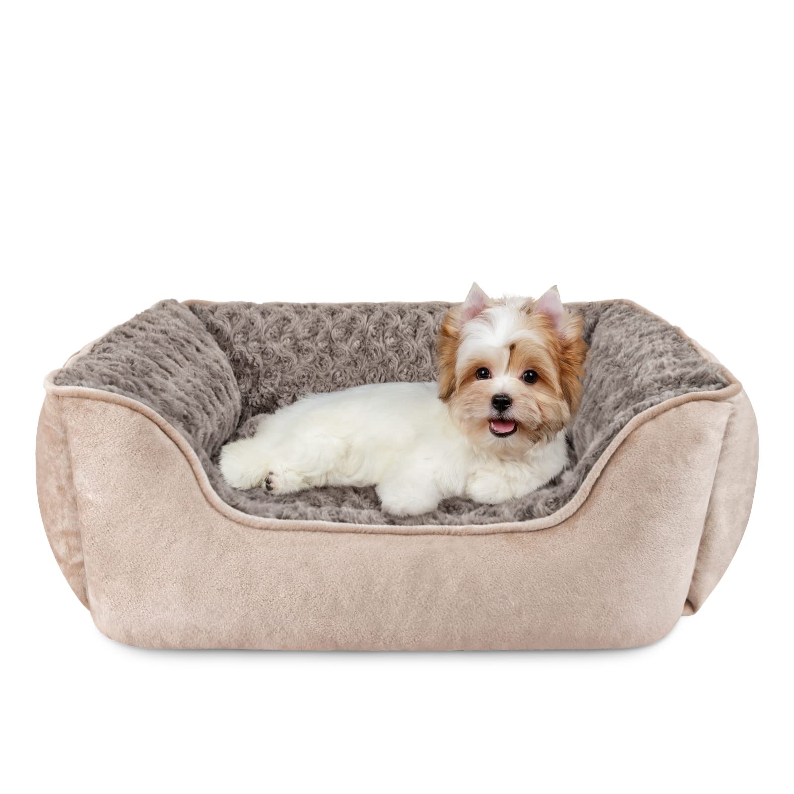 JOEJOY rectangle dog bed beige with faux fur texture for cozy lounging.