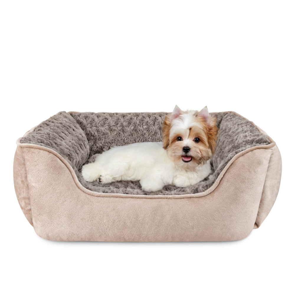 JOEJOY rectangle dog bed beige with faux fur texture for cozy lounging.