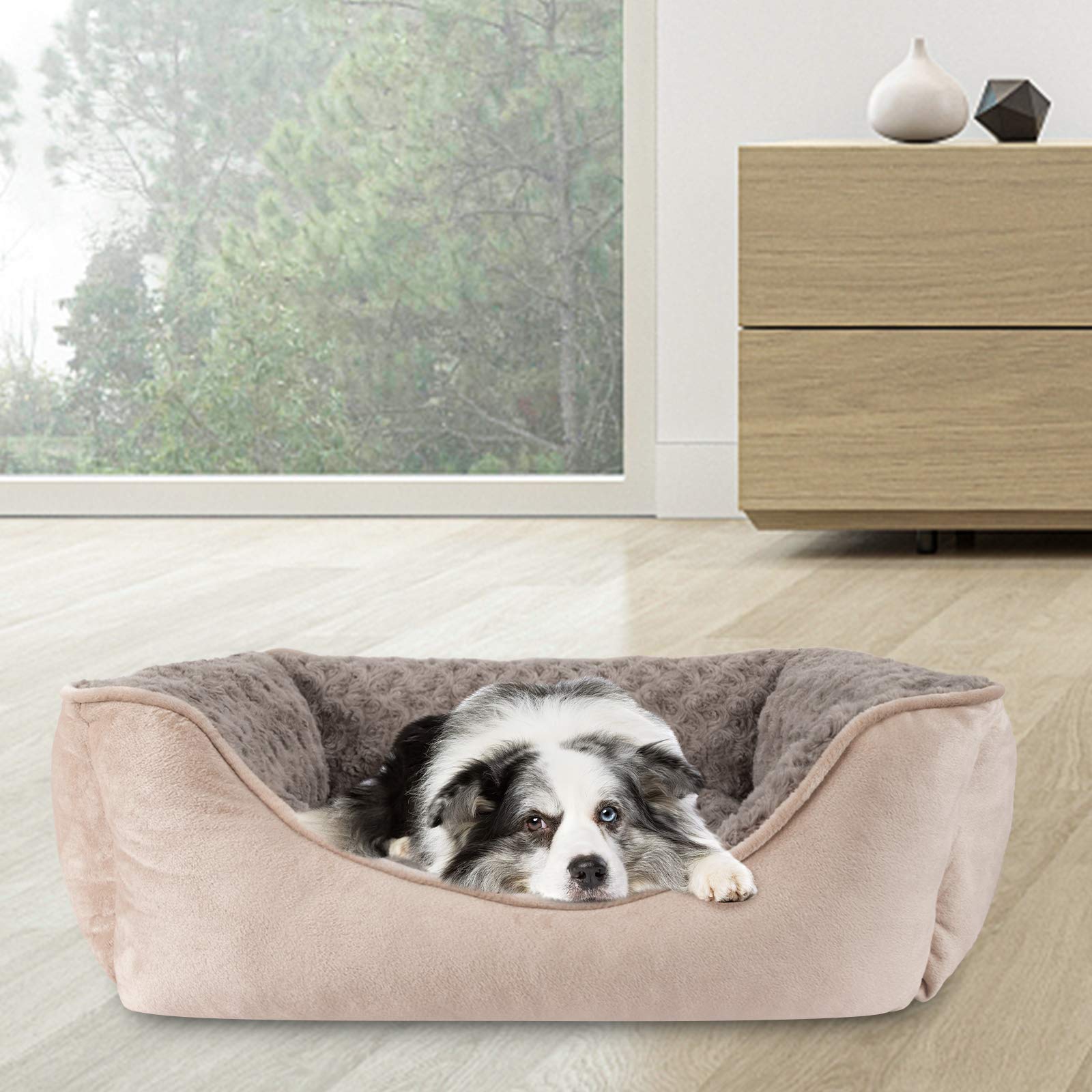 JOEJOY machine-washable beige fabric bed after muddy adventures.