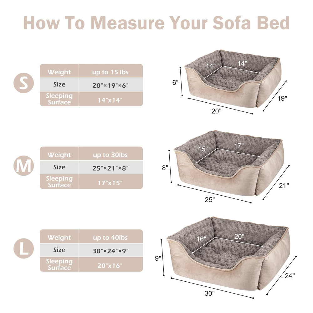 JOEJOY bed in beige demonstrating multiple size options for dogs.