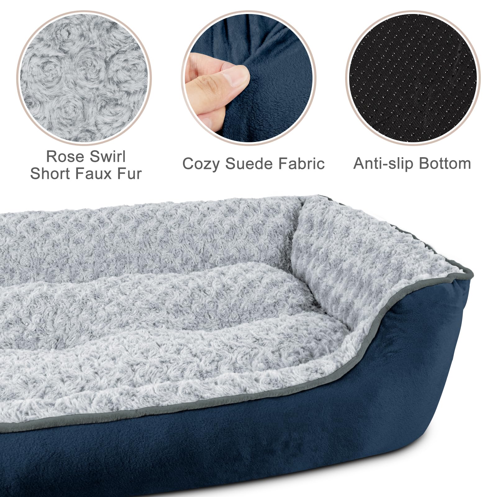 JOEJOY rectangle dog bed close-up in navy emphasizes rose swirl faux fur softness.