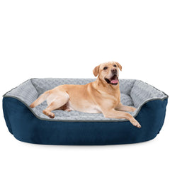 JOEJOY rectangle dog bed front view in navy shows plush faux fur for cozy naps.