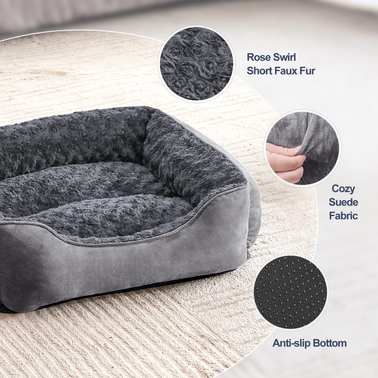 JOEJOY rectangle dog bed with non-slip bottom keeps in place on tile floors.