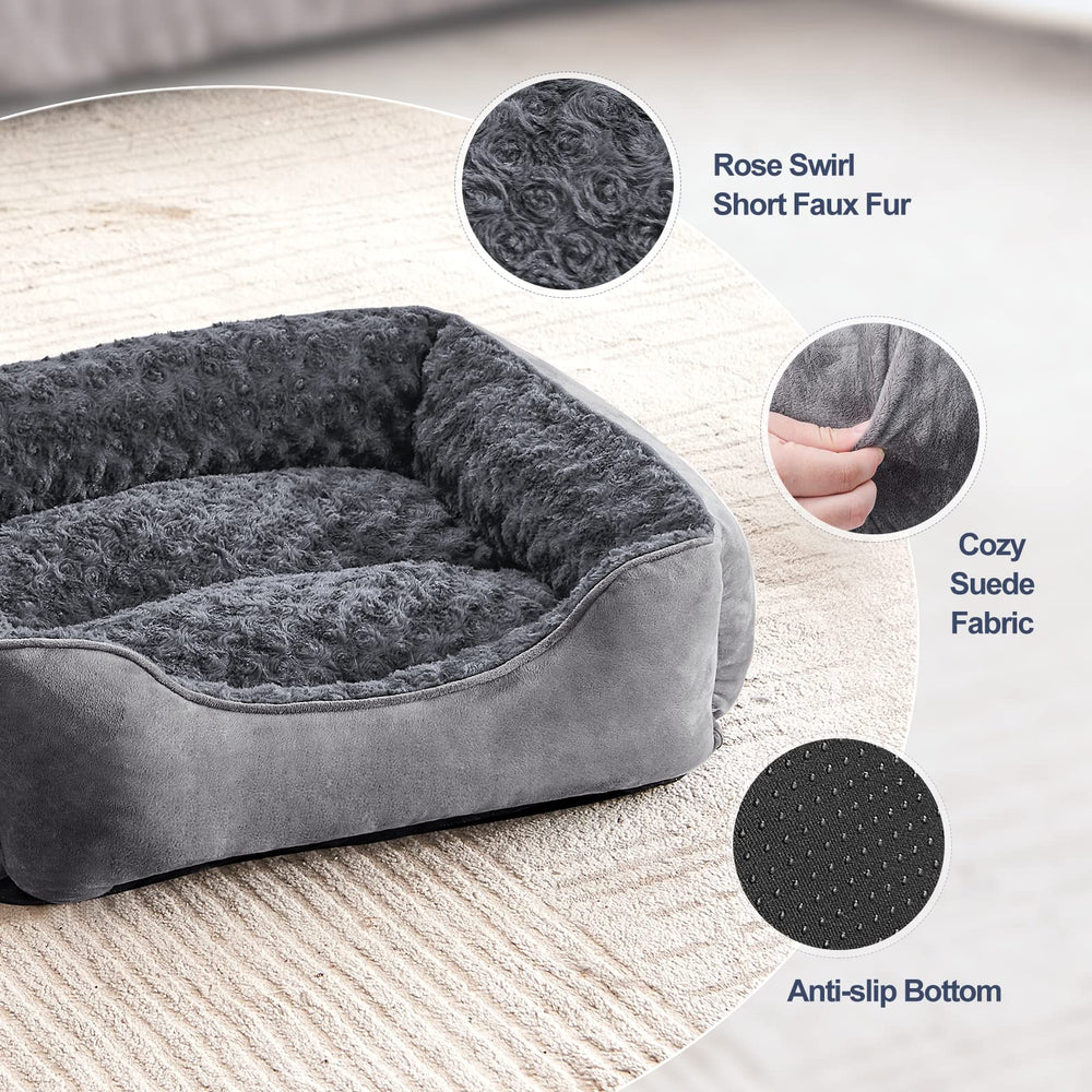 JOEJOY rectangle dog bed with non-slip bottom keeps in place on tile floors.