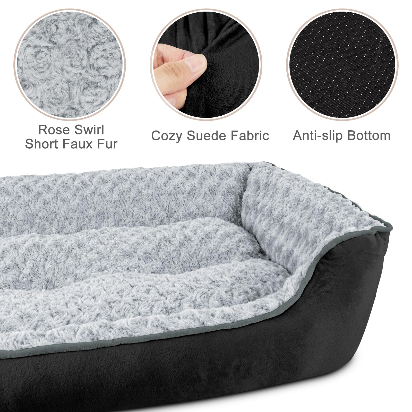 JOEJOY Rectangle Dog Bed pillow-detail featuring plush faux fur for warmth and comfort.