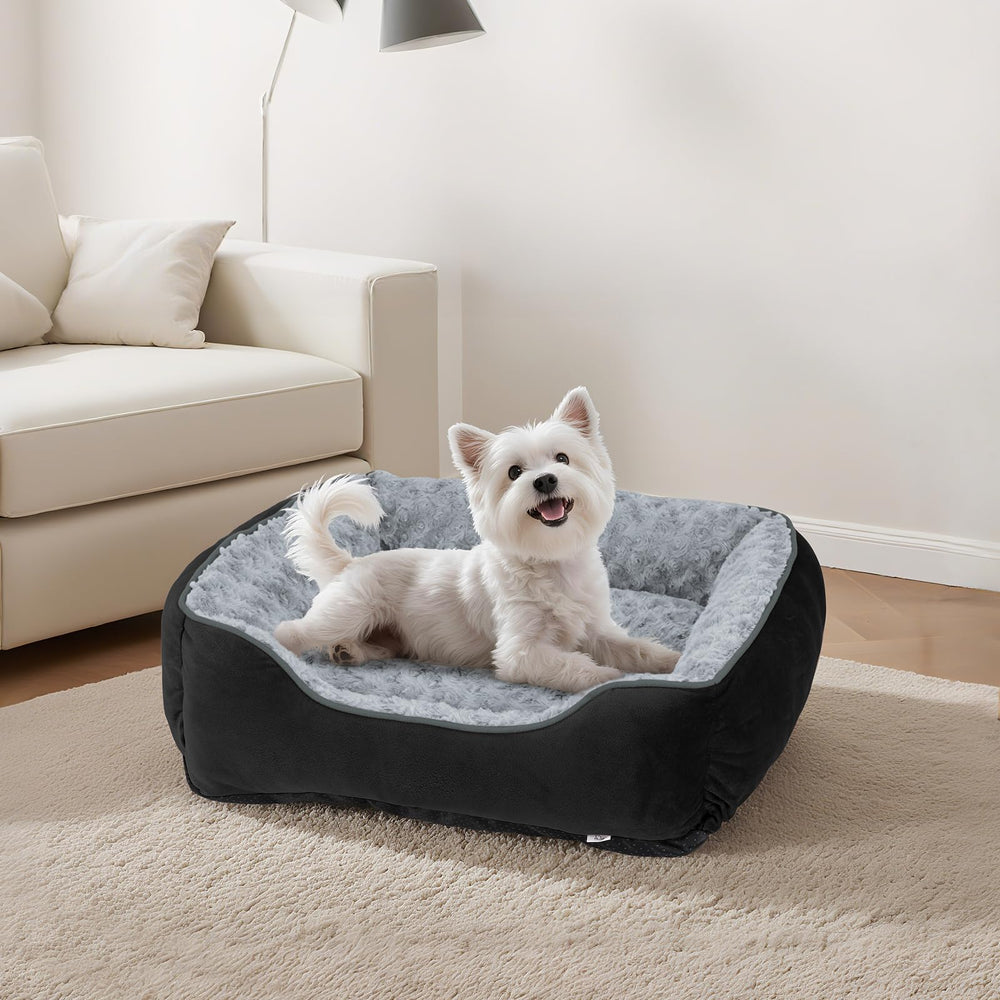 JOEJOY Rectangle Dog Bed usage-scene shows versatile placement on floor, crate, or sofa.